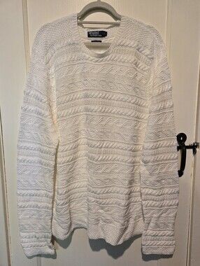 Polo by Ralph Lauren 100% Cotton Hand Knit  White Cable Crewneck Sweater SizeXXL